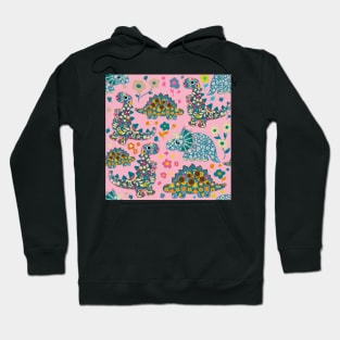 Vintage floral fabric dinosaurs with daisies on pink background Hoodie